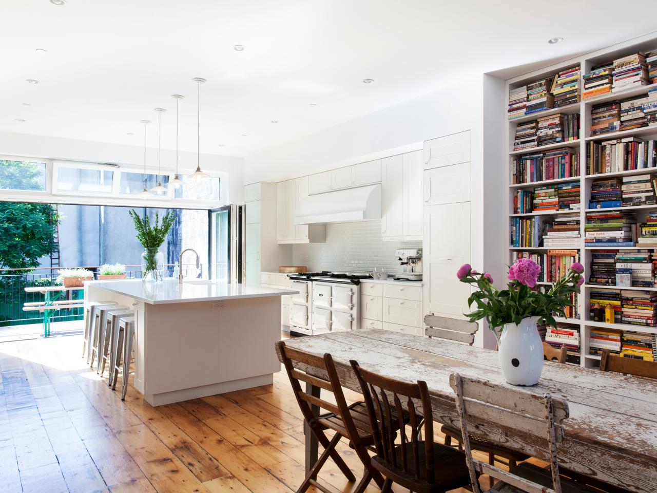 White Transitional Great Room With Outdoor Access